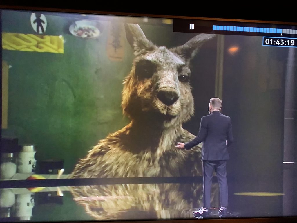 Der Moderator Edin Hasanovic mit dem Rücken zur Kamera. Er spricht mit einem animierten Känguru, dessen Kopf und Schultern auf einem großen Monitor zu sehen sind.